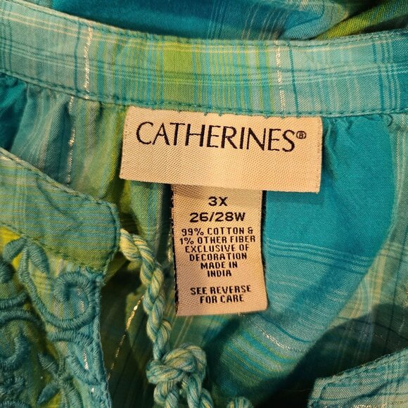 Catherines Plaid Peasant Top Womens 3X Turquoise Green silver Embroidery peasant - Picture 7 of 13